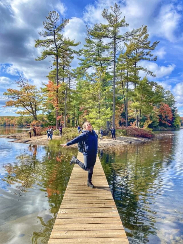 Girl in front of the island at hardy's lake